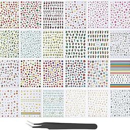 24 Sheets Adhesive 3D Flower Fruit Plant Stars Moon Smiling Face Nail Stickers Assorted Styles Fingernail Decals with Tweezers-image-93