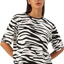 Multicolour Oversized Cotton Crew Neck T-Shirt with Animal Print for Women-image-61