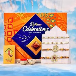 Raksha Bandhan Ganesha Rakhi for Brother with Cadbury Celebration Chocolate Pack Hamper Combo, Rakhi for Bhaiya Bro with Chocolate, Pearl Rakhi Set of 4 with Greeting Card-image-46