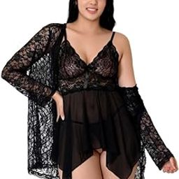 Women's Babydoll Dress | Net and lace Babydoll Dress | Pack of 3 Babydoll, Robe & Penty | Babydoll Dress Short | Babydoll Nightwear Robe | Robe With Penty | Babydoll Dress Women , Black (XXL, 1)-image-7