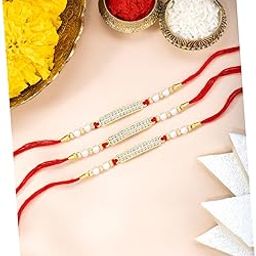 CZ Pearl & Crystals Studded Thread Rakhi for Brother Bhaiya | Combo Set of 3 | Raksha Bandhan Hamper with Roli Chawal & Greeting Card-image-1