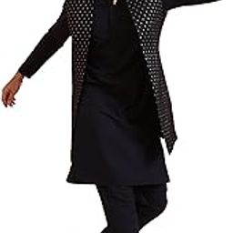 Men's Kurta Jacket Trouser Set, Navy blue Cotton Blend, Woven Design Mandarin Collar Regular Fit Long Sleeves-8