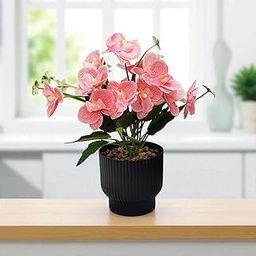 CURATED CART Orchid Artificial Flowers - Faux Orchid Bouquet in Decorative Black Pot | Peach Real Touch Petals for Home, Office, Kitchen, Living Room, Wedding Tabletop Decor-63