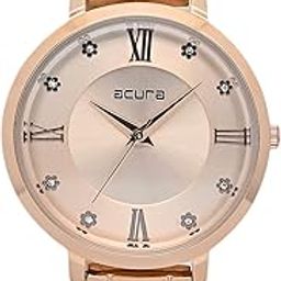 Analog Watch for Women and Girls, 34mm Round Rose Gold Dial, Metal Strap, Floral Pattern with Roman Numerals-image-25