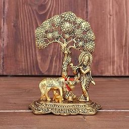 KridayKraft Prince Home Decor & Gifts Metal Krishna With Cow Standing Under Tree Plying Flute (Gold, 12.5X8X16Cm), 1 Piece, figures;Religious-16