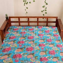 THE CURIO STREET Premium Jaipuri Kantha Bedcover Set - Soft & Pure Cotton, Handcrafted & Handstitched Bedsheet/Gudri, King Size 90x108 inches (for Double Bed), Floral Pattern, Turquoise Blue-11