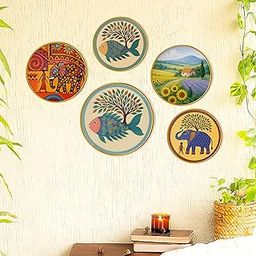 Regalo Casila Handcrafted Decorative Wall Plates 5 Pcs Set Wall Hangings Indian Folk Art Design Fish Elephant Deer Motif Home Décor for Living Room Dining Bedroom Wooden Wall Hanging-image-50