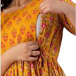 Women's Pure Cotton Maternity Gown/Maternity Wear/Feeding Gown A-line Maternity Feeding Dress/Maternity Dress for Women/Maternity Feeding Kurtis for Women Mustard Yellow-image-111