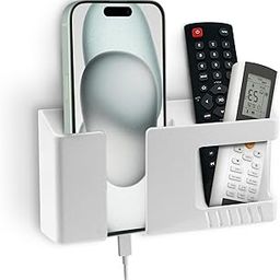 Tensea® Multifunctional Wall Mounted Mobile Holder with Remote Control Storage, Key Hanger & Pen Organizer Self-Adhesive, Space Saving Accessories for Every Room (White)-11