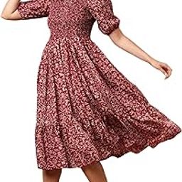 Women's Crepe Fit and Flare Knee Length Elbow-Length Sleeve Square Neck Floral Print Tiered Midi Summer-Light Wear S to XL Dress (D735C)-image-2