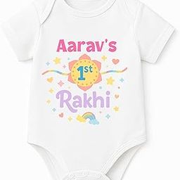 Customised Name My First RakshaBandhan Rakhi Special Newborn Baby Romper Onsie for boy and Girl. Raksha bandhan Dress Outfit Gift for Little Brother Sister (Size Range 0-12months) White-image-86