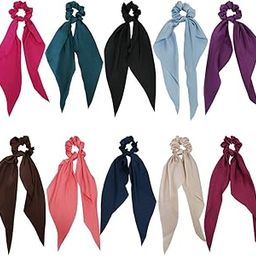 GETACOTA 10 Pieces Hair Scrunchies Bowknot Satin Chiffon Long Tail Elastics Ribbon Ear Bow Pattern Colors Scrunchy Scarf Scrunchie Vintage Ponytail Holder Ties Bands Accessories for Women(satin10p)-image-29