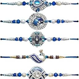Decorative Crystal Rakhi Set – Pack of 5 Blue & Silver Pearl Beaded Rakhis | Traditional Designer Rakhi for Brother | Elegant Raksha Bandhan Thread Bracelet Gift-image-84