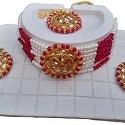 Imitation Jewellery Set - Red and Gold Kundan Necklace, Bracelet, Earrings-image-1