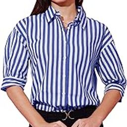 Women's Striped Button-Down Shirt, Beige and White, 3/4 Sleeve, Collared-image-31