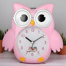 De'rons Twin Bell Analog Table Alarm Clock with Backlight for Heavy Sleepers Loud Alarm Clock for Students Funny Cute Owl Cartoon Shape Alarm Clock for Kids Girls Boys Bedroom 14.5 x 15 cm (Pink)-5