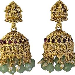 Traditional Temple Design Jhumka Earrings, Gold-Plated with Ruby and Mint Green Beads, Pearl Drops-image-97