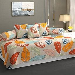 YaAkholic Premium Microfiber 220 TC Floral Pattern 6 Pieces Diwan Set Covers with 1 Single Bedsheet, 2 Bolster Covers and 3 Cushions Cover, Cream Leaf-72