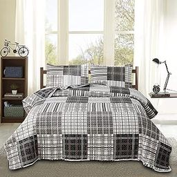 Plaid Quilt Set Bedding Twin Size Patchwork Bedding Reversible Plaid Bedspread Coverlet Mens Quilt Bedding Black White Grey Stripe Plaid Coverlet Bed Set Lightweight Plaid Print Quilt for All Season-7