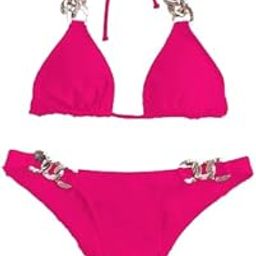 Chic Triangle Halter Bikini Set with Chain Ring Detail - V-Neck & Tie-Back Design - Women’s Elegant Beachwear Swimwear Pink-picture-11