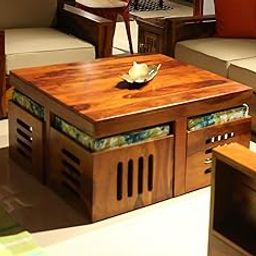 Sheesham Wood Center Coffee Table Set with 4 Stools for Living Room Home Hall Solid Wood Tea Table Wooden Furniture for Home Office (Honey Finish)-12