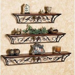 RACOLLECTION Wall Mounted Floating Shelves, Iron and Wood Construction, Set of 3, Brown, for Living Room, Bedroom, Kitchen-image-65