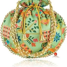 Women's Potli Bag | Cotton Zari Work Potli Bag | Wristlets Ethnic Digital Print Wedding Potli for Ladies(Green)-image-91