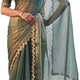 Women's Two toned jimmy choo saree with brocade blouse and embroidered lace(TI6867_olive green_Onesize)-picture-33