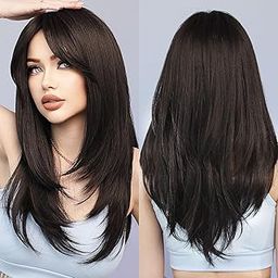 Body Wave Wig with Bangs 26 Inch Long Black Wavy Wigs for Women Curly Synthetic Wig Natural Looking Hair Heat Natural Synthetic Wigs for Daily Party Cosplay（Black）-55