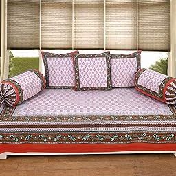 Texstylers 100% Cotton Floral Pattern Jaipuri Print Diwan Set(Pack of 6) (Orange)-picture-9