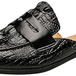 kacheeg Men's Leather Half-Slip Shoes No Heel Patterned Slip-On Flat Footwear-picture-38