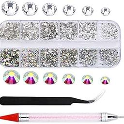 Nail Art Kit Flat Back AB Crystal Rhinestones and Clear Crystal Rhinestones with Pick Up Tweezer and Rhinestone Picker Dotting Pen Used for Nail Polish, Face-98