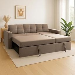 FURNY Soria 4 Seater Fabric RHS L Shape Sofa Set - Pull-Out Premium L Shape Fabric Sofa Cum Bed Set for Living Room (Beige)-20