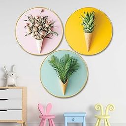 Livin'luxe Premium Set of 3 Round Botanical Ice Cream Cone Wall Art | Golden frame MDF Wall Decor for Living Room, Kitchen, Café | Modern Floral & Fruit Theme Decorative Panels Painting 20 In-image-25