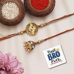 eCraftIndia Brown & Golden Bhaiya Bhabhi Rakhi Set with Roli Chawal Pack and Best Bro Ever Fridge Magnet - Rakhi for Brother and Bhabhi-image-3