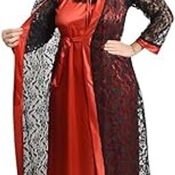 Women's Satin Blend Embellished Full Length Maxi Nighty with Flower Net Robe Nightdress for Ladies-image-52
