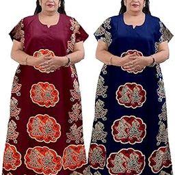 Traditional Indian Cotton Maxi Dress, Plus Size, Ethnic Print with Medallion Pattern, Short Sleeves, Maroon and Navy Blue, Pack of 2 (mron Blue Double dandia, Free Size)-image-46