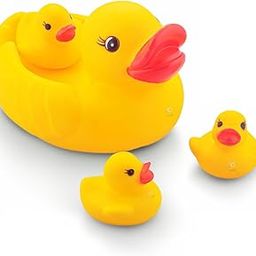 Storio Super Cute Duck Family Animals Swimming Water Toys Non-Toxic,BPA Free Colorful Soft Rubber Float Squeeze Sound Squeaky Bathing Toy for Baby Chu Chu Toy Set of 4 (1 Duck + 3 Ducklings)-0