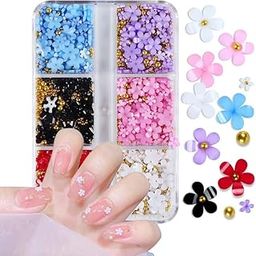 Flowers Acrylic Nails 3D Floral Nail Charms Glitter White Flower with Gold Silver Nail Ball Beads and Beads Resin Flowers for Nail Art Decoration & DIY Crafting Design (muluti colour)-image-28