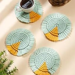 Macrame Set of 4 Round Coasters Bohemian Style, Handmade, More Absorbent, Traditional, Diwali Gifting, Multipurpose, Big Size (Mint Yellow)-32
