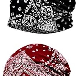 Ahamo 2-Pack Paisley Twist Chemo Caps for Women - Stretchy Cotton Bandana Headwear for Running, Medical Hair Loss & Daily Fashion (Black & Wine Red)-image-6