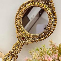 LABHCART Vintage Style Hand Mirror, Decorative Gold-Tone Metal Dubble Side Mirror, Frame with Floral Design, Red Crystal Accent-29