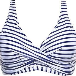 Women Full Coverage Bikini Top No Bottom Push up Swimsuits Top Sport Bra Bathing Suits Tops, Navy Striped, XL-picture-0