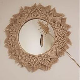 GUL DECOR | Handmade Cotton Macrame Wall Hanging Mirror with Boho Fringes, Bohemian Art Decorative Aina for Make-Up, Dressing, Living Room, Bedroom, Macrame Off-White, Dia 18 Inches, Style 41-27