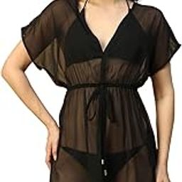 Women Solid V-Neck Short Sleeve Elasticated with Tie-Up Detail Knee-Length Beachwear Kaftan-image-47