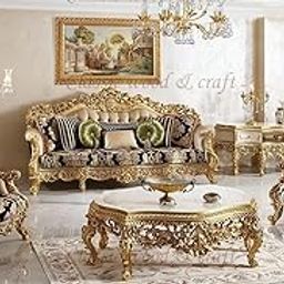 CLASSIC WOOD & CRAFT Maharaja Luxury Sofa Set (3+1+1) with Ornate Carved A+ Grade Teak Wood Frame and Upholstery � Includes Coffee Table for Luxury Living Rooms, Heritage-image-14