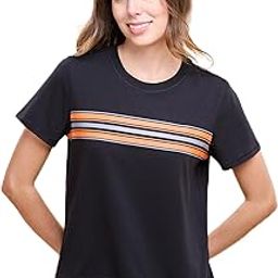 enamor Short Sleeve Crew Neck Regular Length High Low Striped T-Shirt for Women- Relaxed Fit, Soft and Breathable Stretch Cotton - E3S5-picture-21
