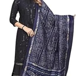 Traditional Navy Blue Cotton Dupatta with Block Print Pattern, Tassels-picture-17