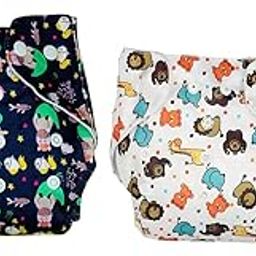 Kritiu Reusable Baby's Cloth Diaper Combo Pack | High Absorbent Washable Diapers | Blue Diaper and White Girafee Printed with White Pad Diaper Pack of 2-14