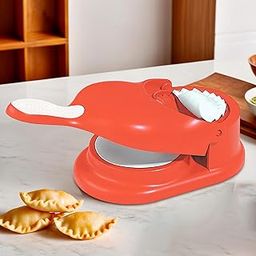 Kuber Industries 2 in 1 Momo & Gujiya Ghughra Dumbling Pressing Machine | Plastic Kolukattai Maker Mould for Kitchen | Puri, kolukattai, karjikai & Kadabu Maker Mold | Red-24
